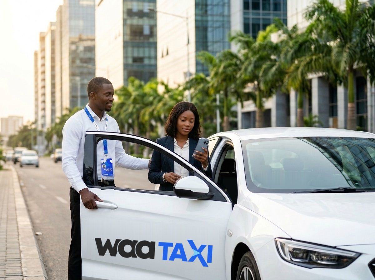 Chauffeur certifié WaaTaxi accueillant une passagère à Cotonou