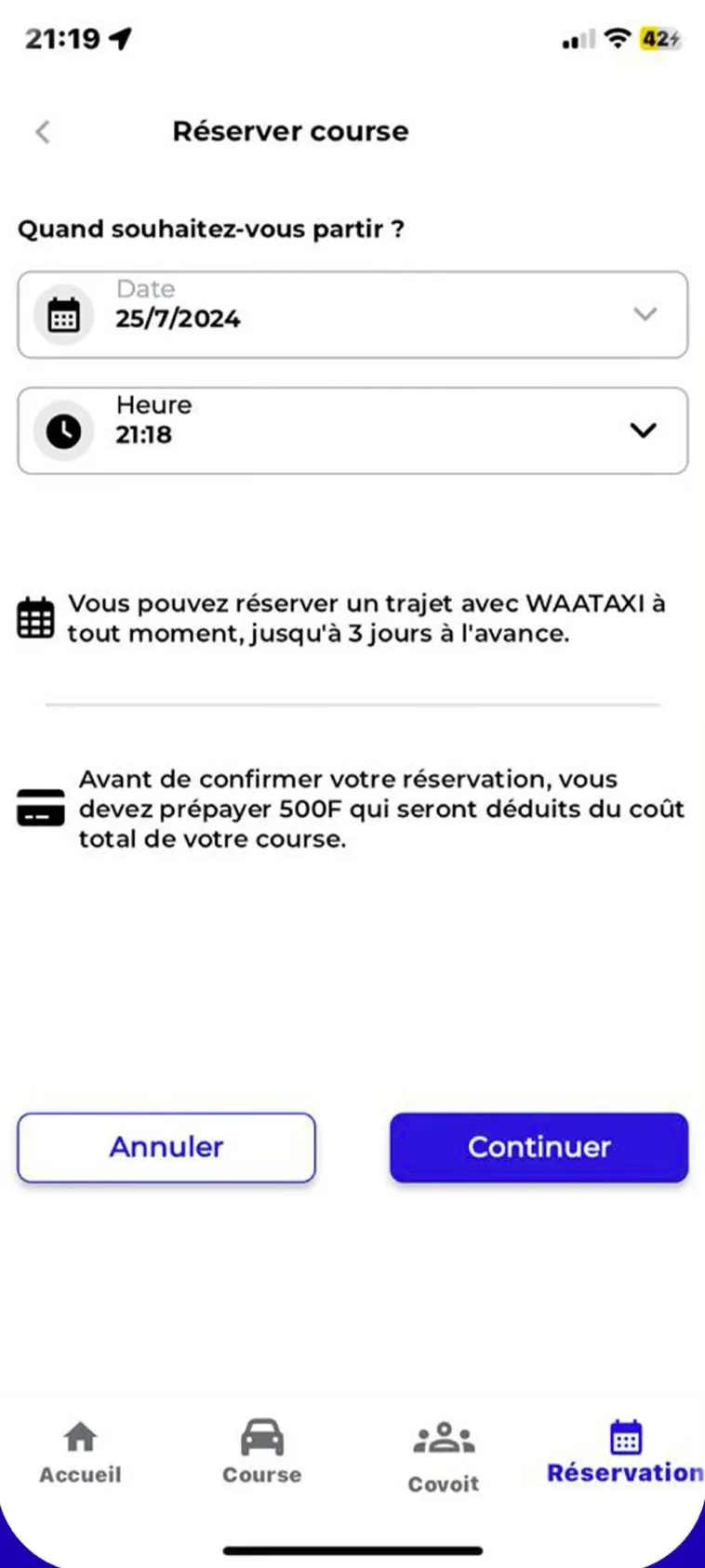Application WaaTaxi - Réservation d'une course
